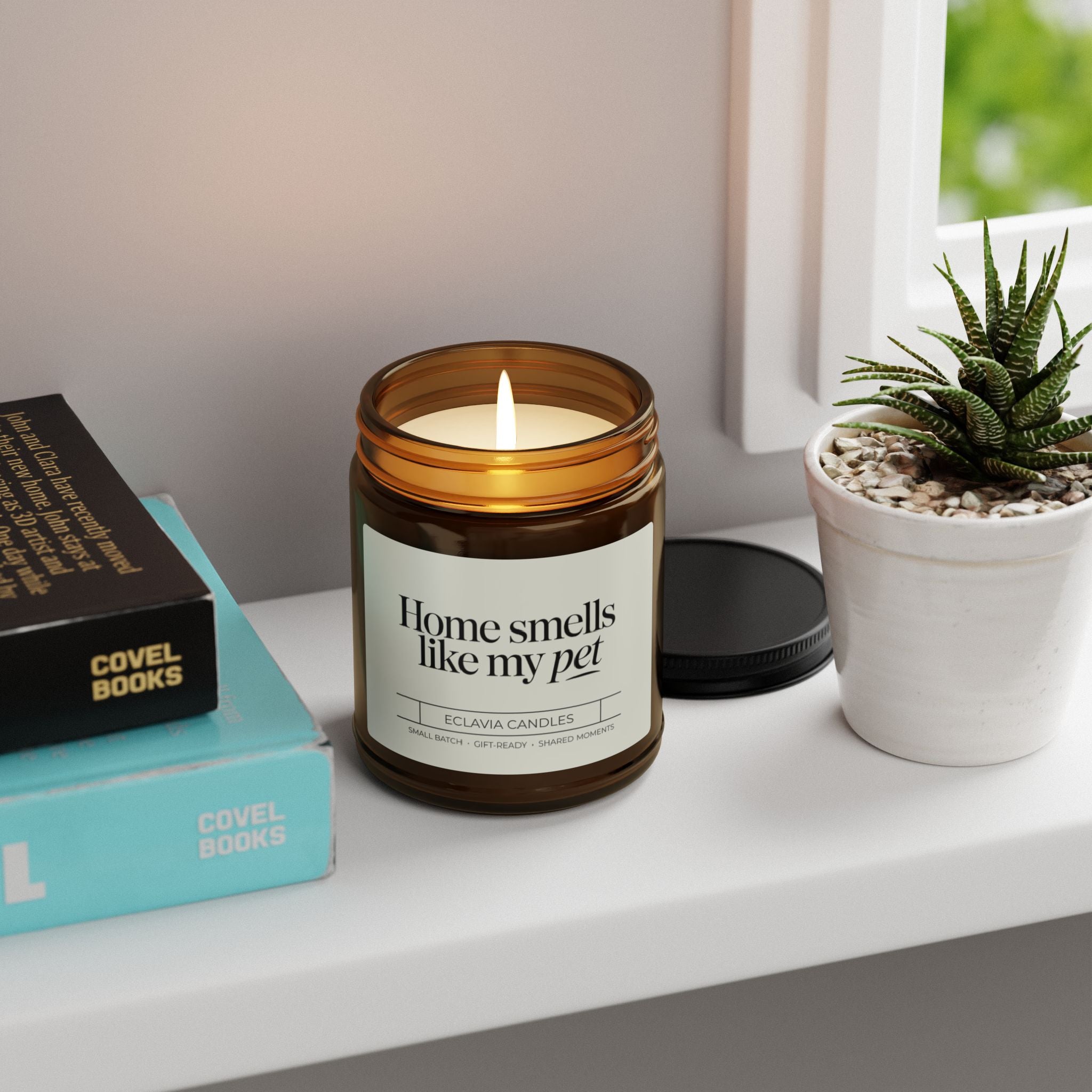 Scented Candle — “Home Smells Like My Pet” Amber Jar (Soy, Multi-Size)