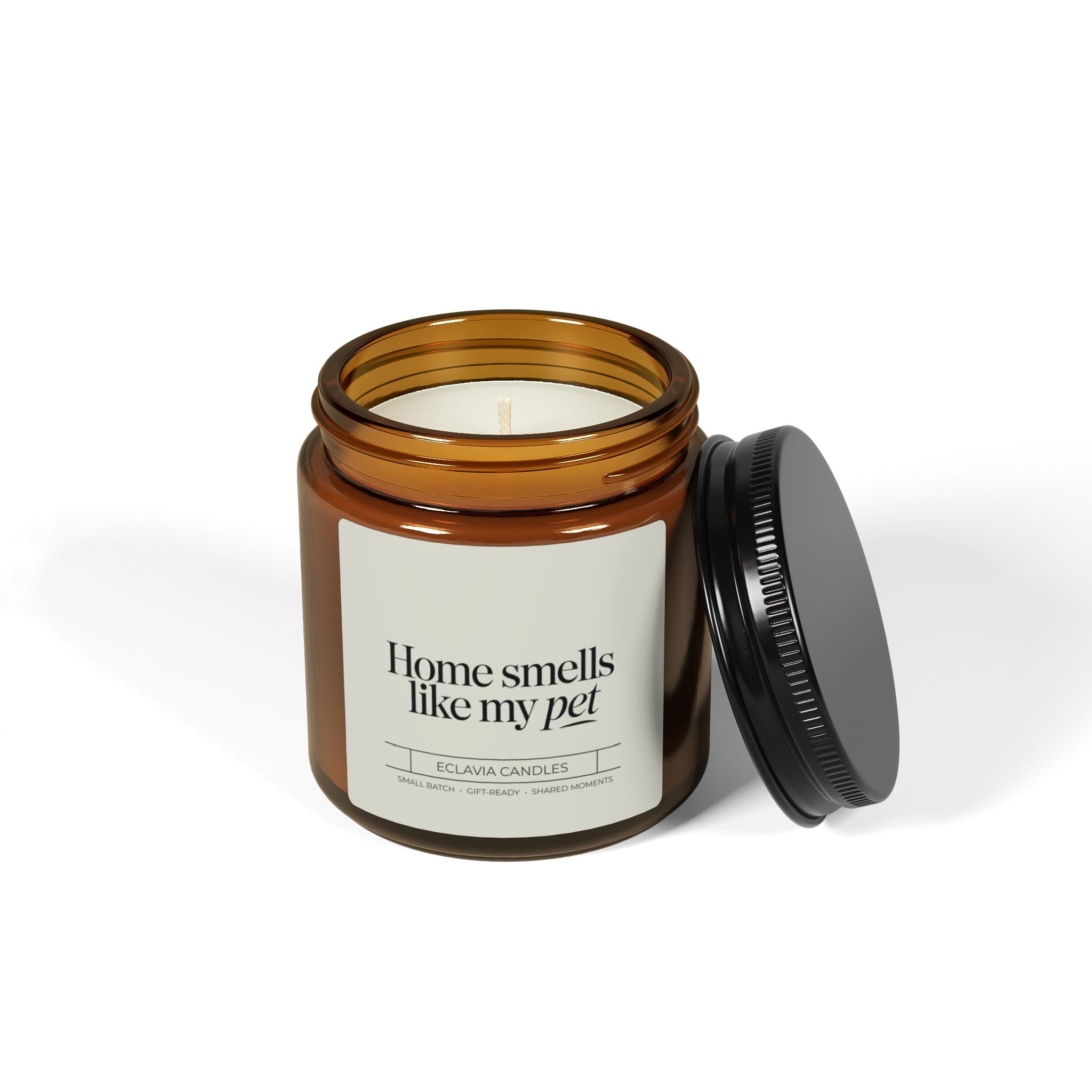 Scented Candle — "Home Smells Like My Pet" Amber Jar (Soy, Multi-Size)
